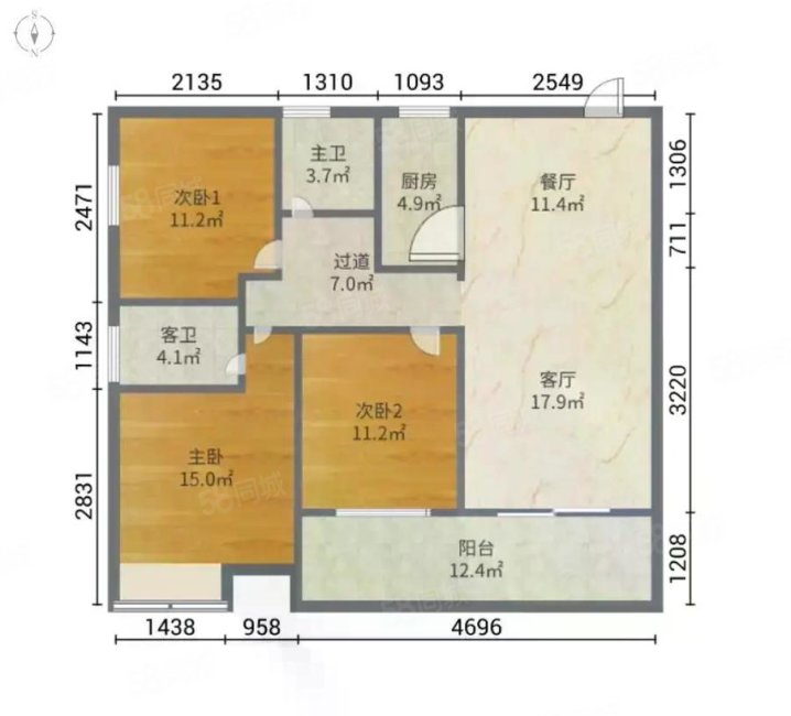 三友贤居3室2厅2卫96㎡南北68万