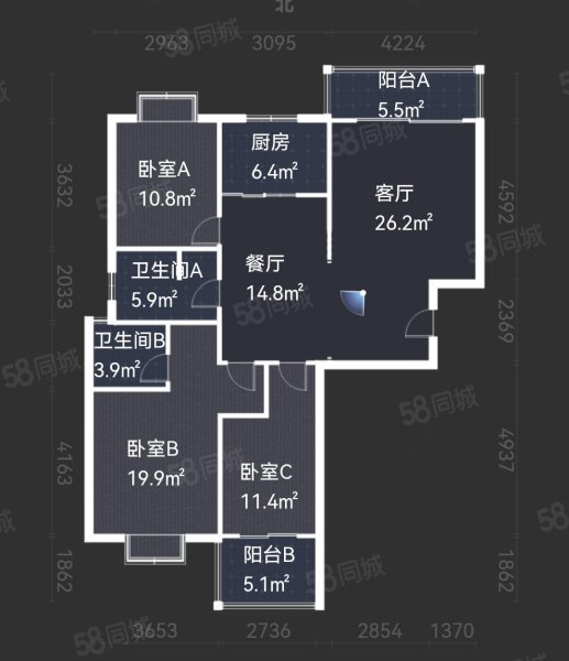 广田悦城3室2厅2卫154.03㎡南北118万