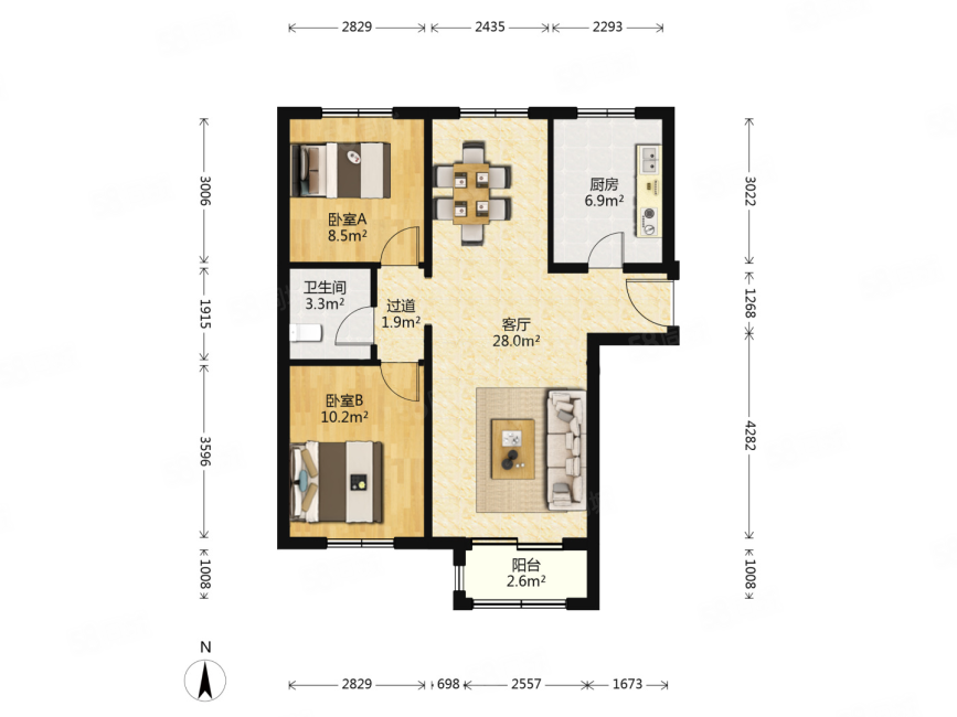 頌善園2室2廳1衛(wèi)89.37㎡南北159萬