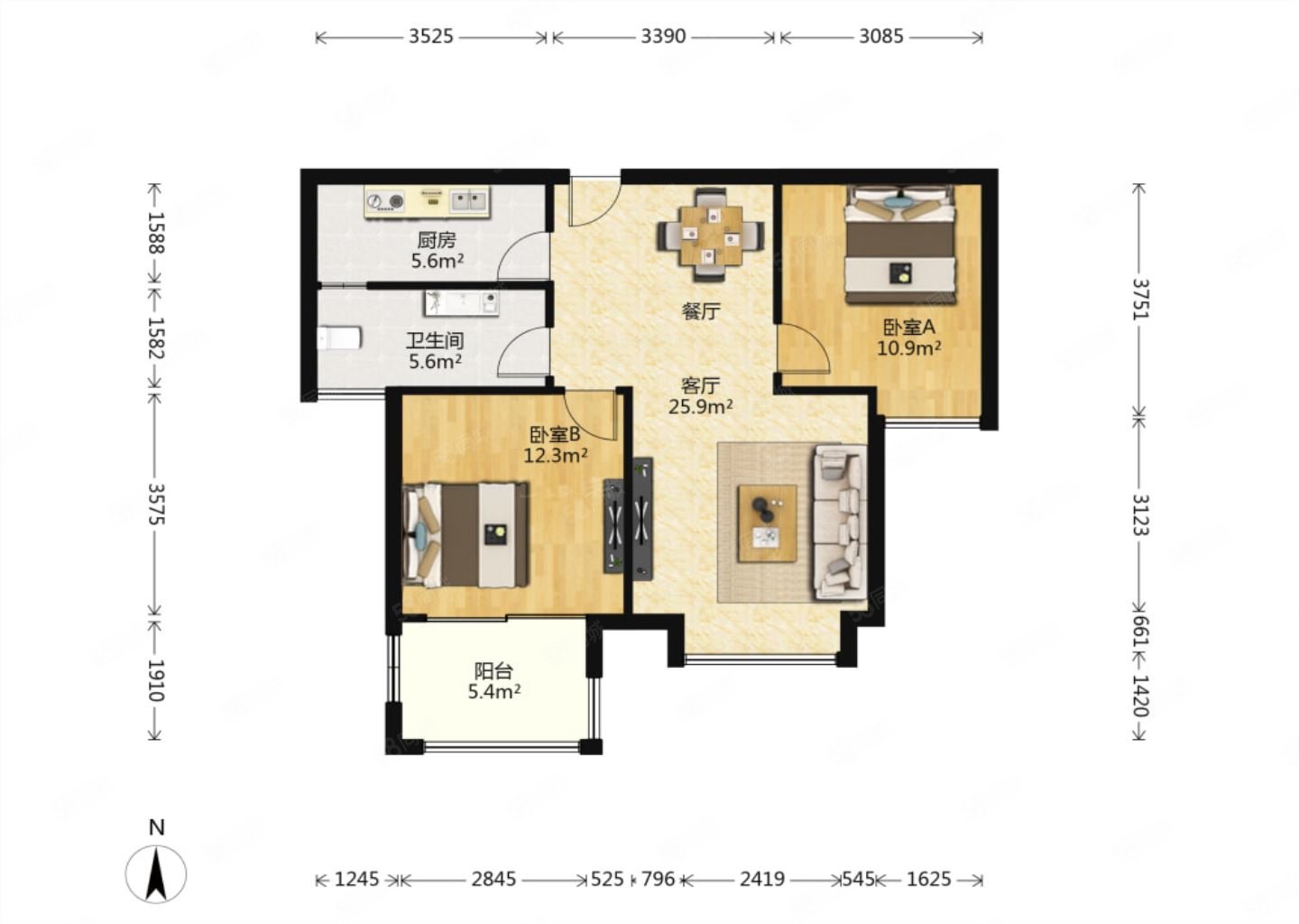 中海观园b区2室2厅1卫83.68㎡南北185.5万