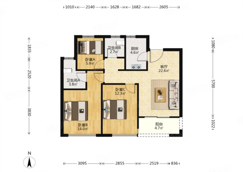 时代瓯海壹品3室2厅2卫89㎡南北208万