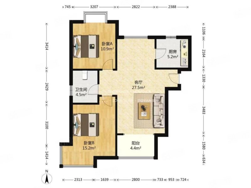 名士豪庭3区2室2厅1卫92.05㎡南北198万