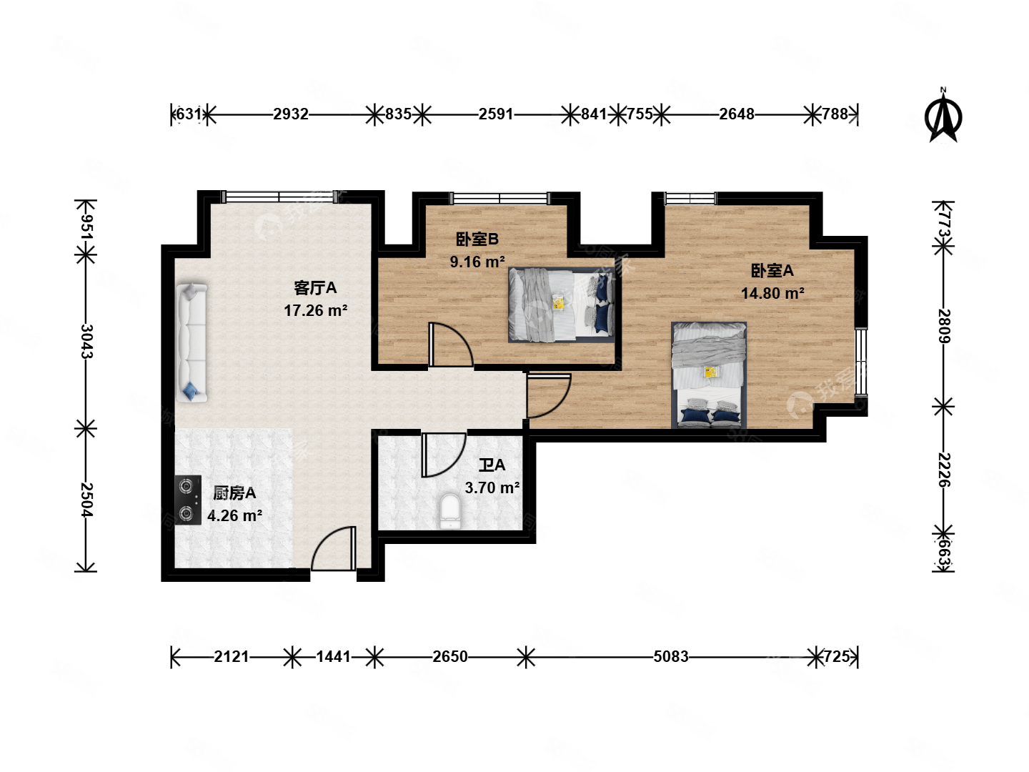 冠城名敦道(A區(qū))2室1廳1衛(wèi)85.03㎡東北610萬