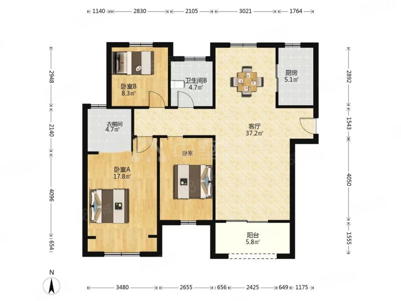 城市之光第四街区3室2厅1卫121㎡南北136万