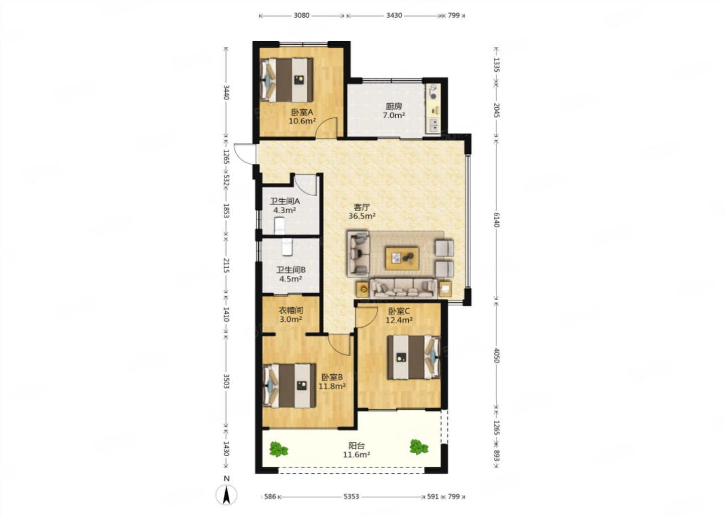 元垄城宁园3室2厅2卫106㎡南300万