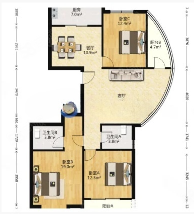 丰乐世纪公寓3室2厅2卫132.26㎡南199万