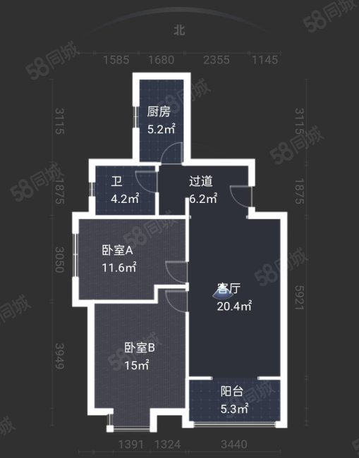 山水岭秀2室2厅1卫95.51㎡南北135万