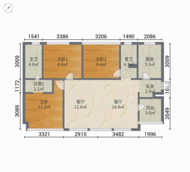 万科翡丽郡3室2厅2卫88.66㎡南北378万