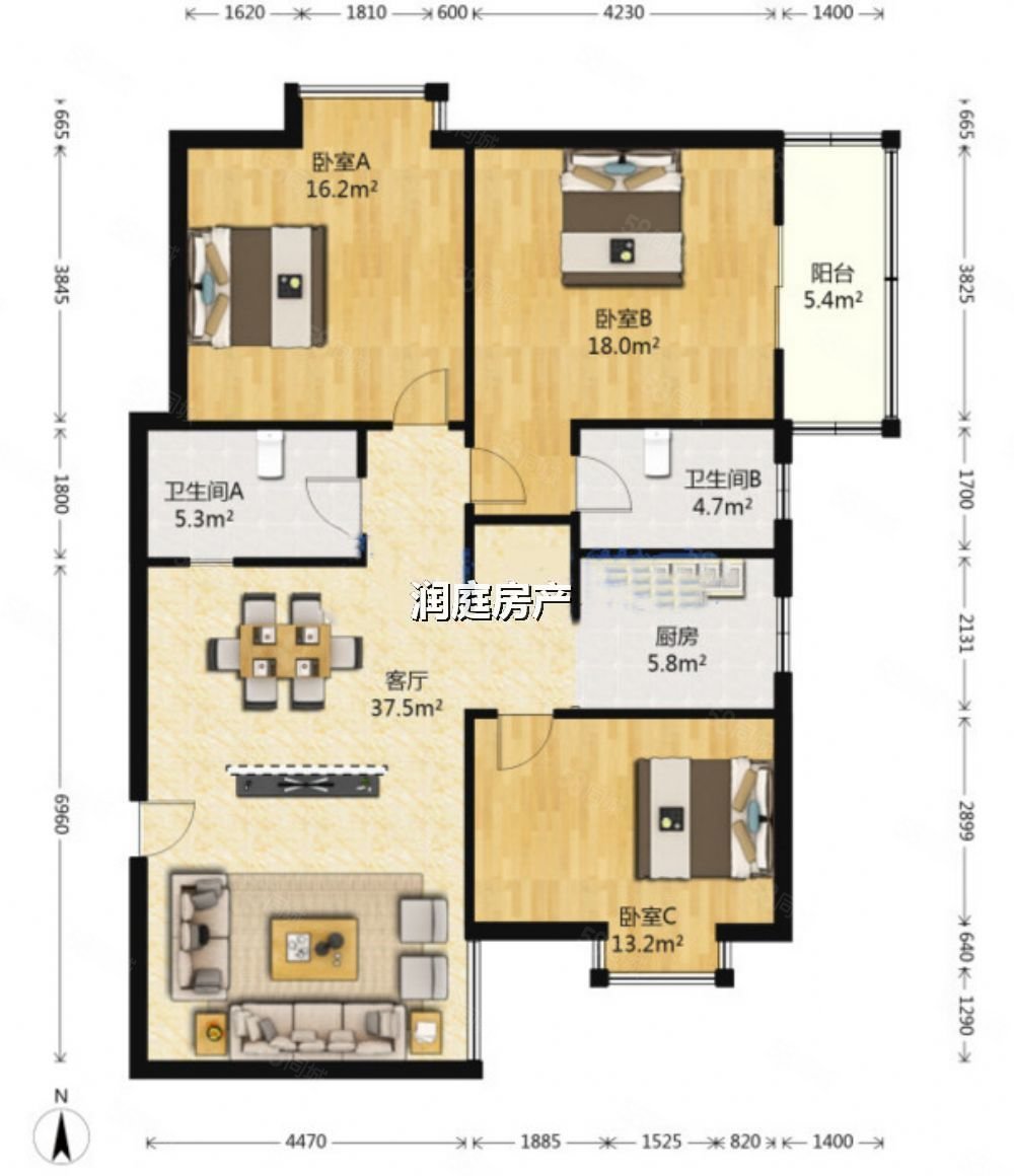 紫铭小区3室2厅2卫127㎡南北130万