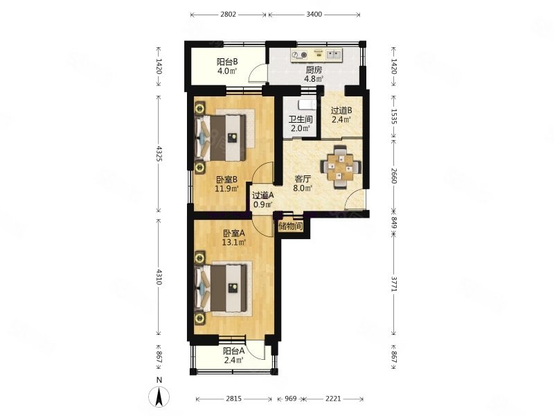 东安街头条1号院2室1厅1卫57.3㎡南北389万