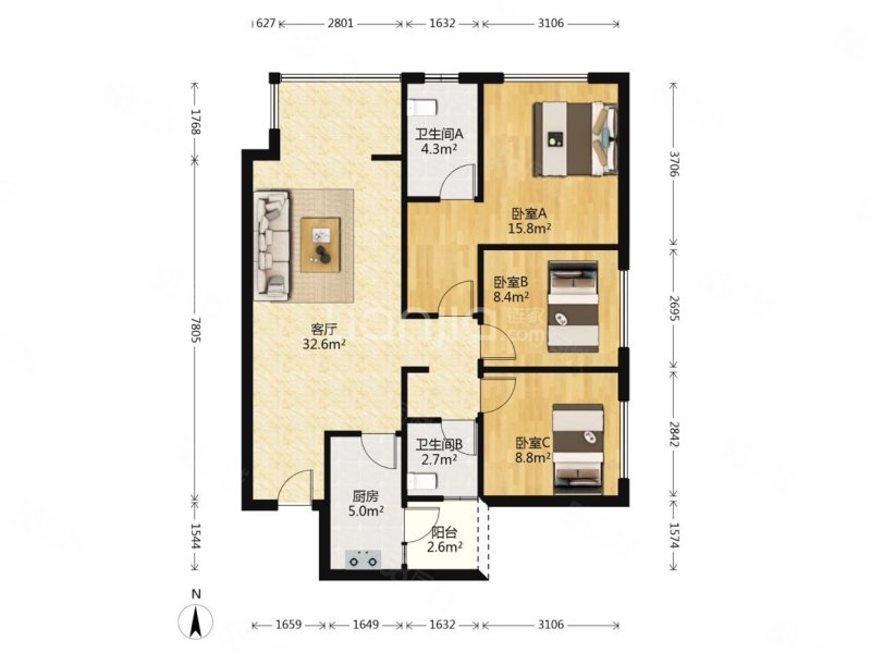 万科梦想之光3室1厅2卫90.09㎡南75万