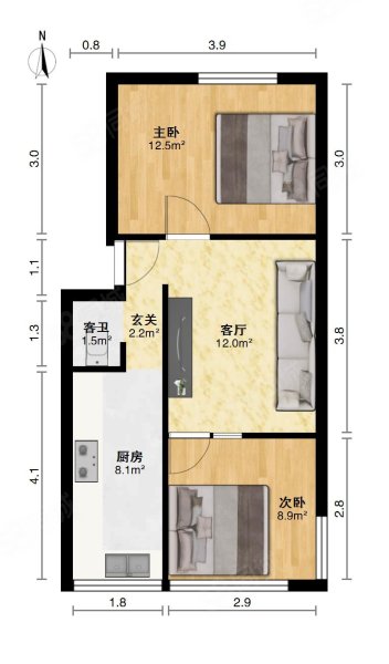 铁路三村2室1厅1卫55.41㎡南北49万