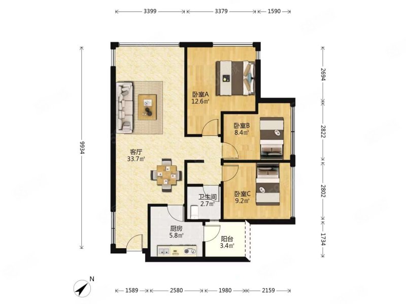 绿地468云玺四期3室2厅1卫88.94㎡西北208万