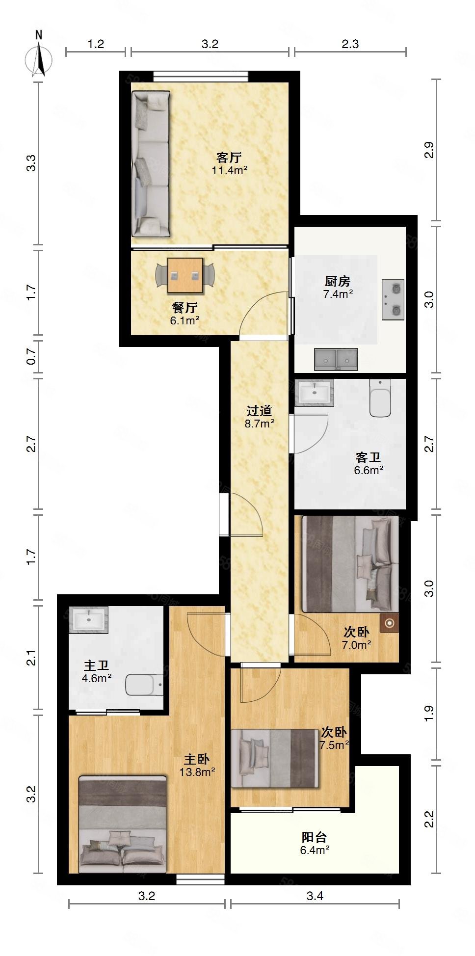 大发凯旋门3室2厅2卫89.08㎡南北180万