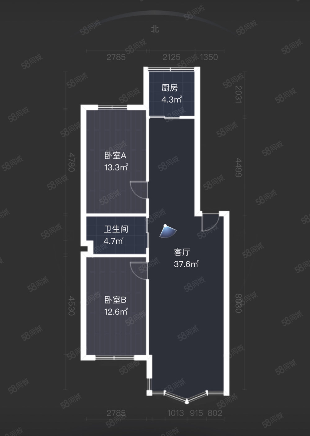 河畔花园2室2厅1卫91.57㎡南北53.8万