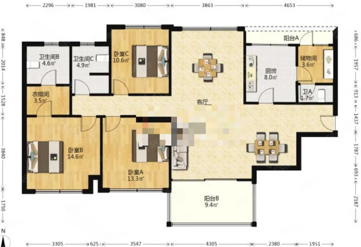 锦华苑3室3厅3卫167㎡西南588万