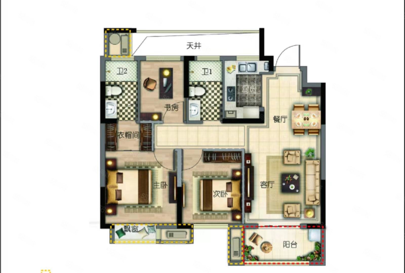 陆汇嘉园3室2厅2卫88㎡南北62万