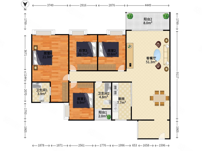 奥林华府4室2厅2卫151.86㎡南北888万