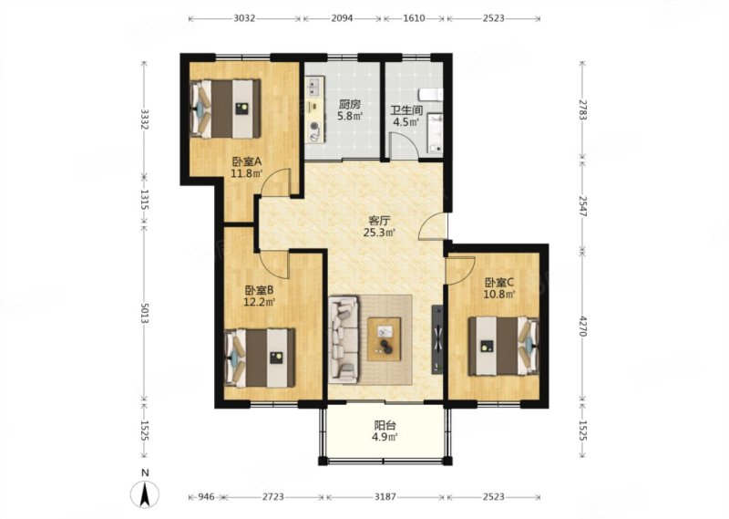 宏程逸翠公寓3室1厅1卫97㎡南北58万