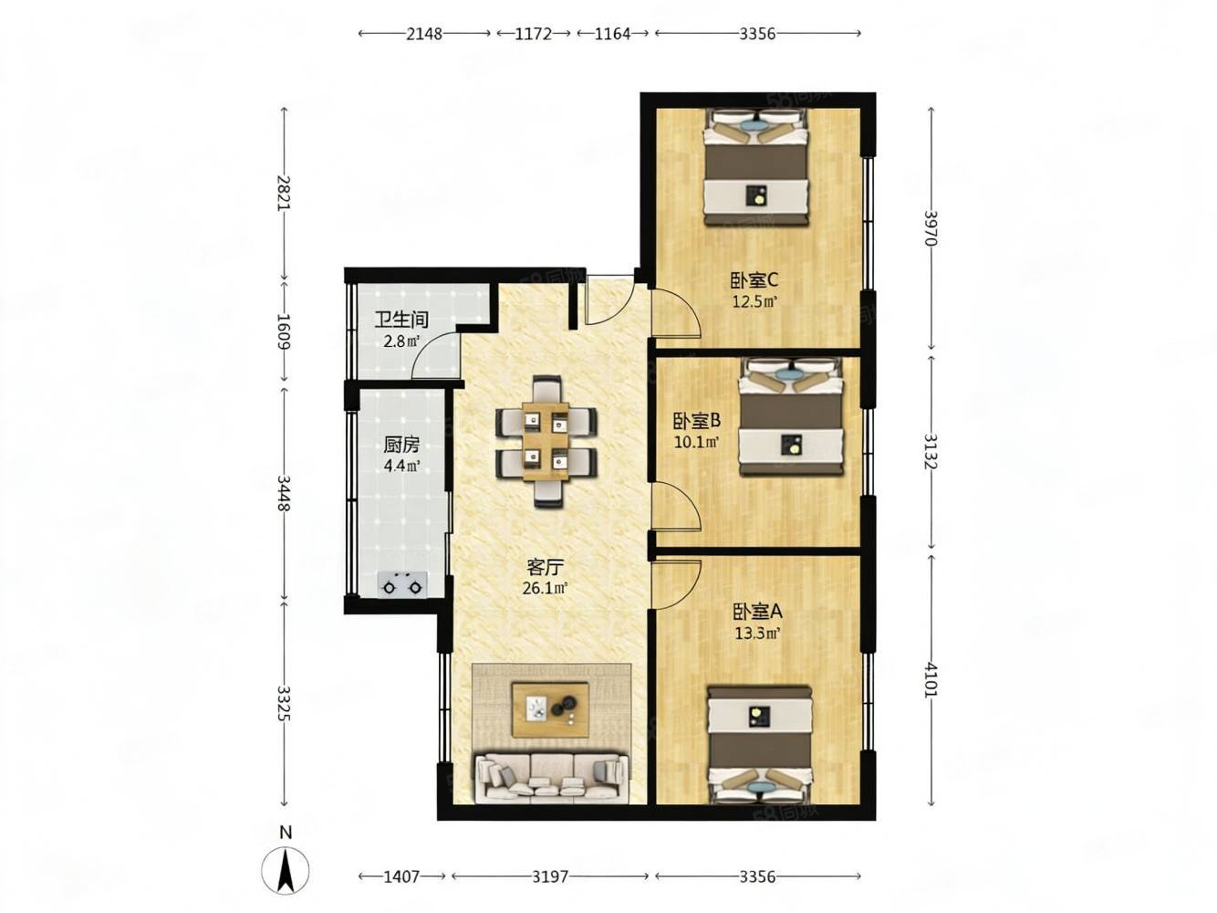 西龙须巷6号院3室2厅1卫81.61㎡南北205万