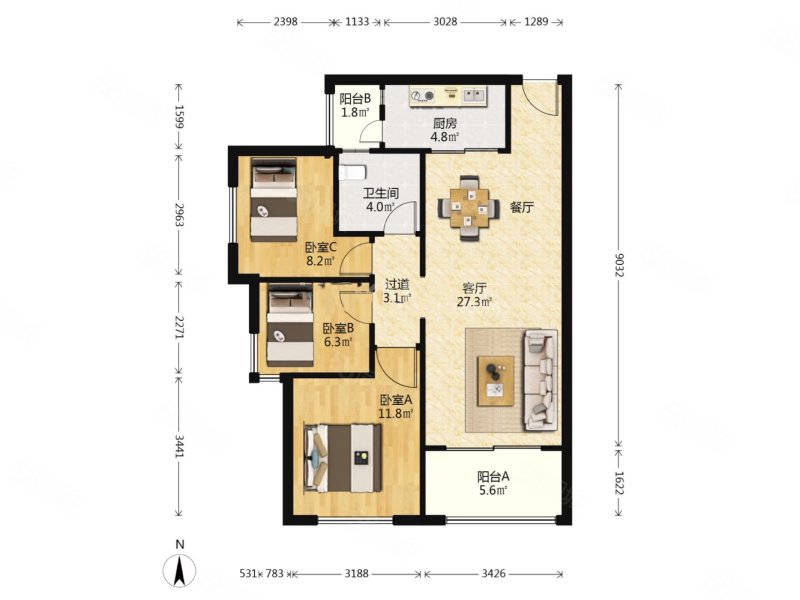 珠江郦城公园一号3室2厅1卫91.45㎡南112万