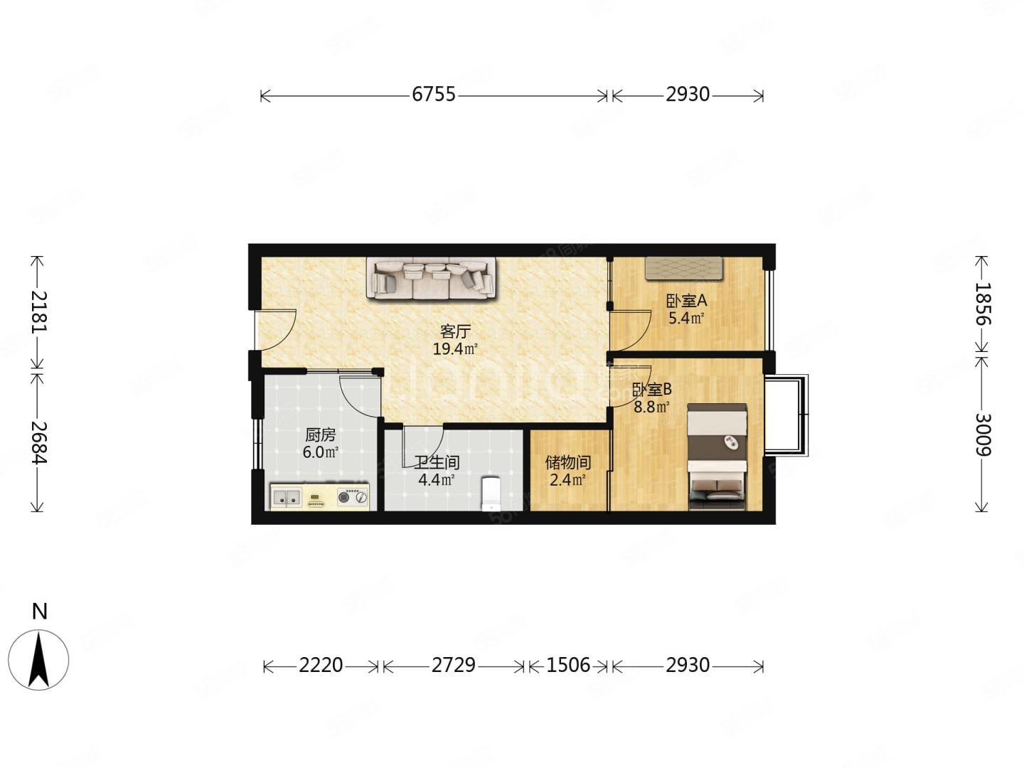 凤栖桐2室1厅1卫65.1㎡南114万