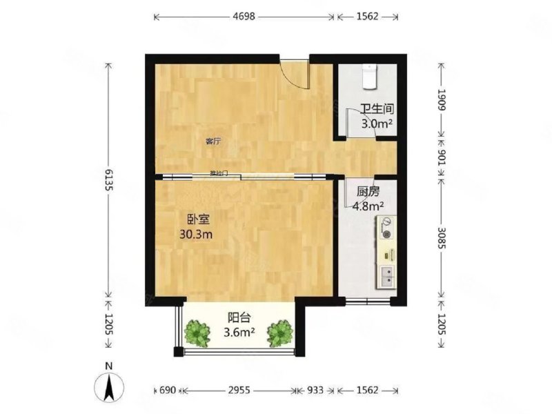 福城上上城五期北院1室1厅1卫54.36㎡南56万