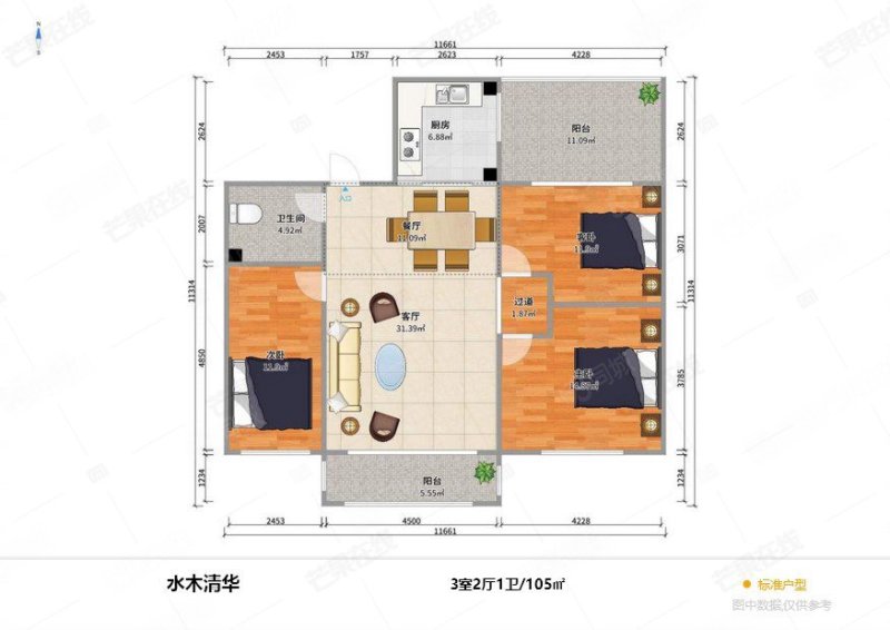 水木清华3室2厅1卫105.27㎡南北163万