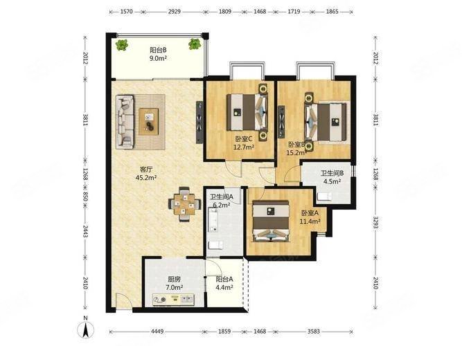 中央豪庭3室2厅2卫123㎡南北56万