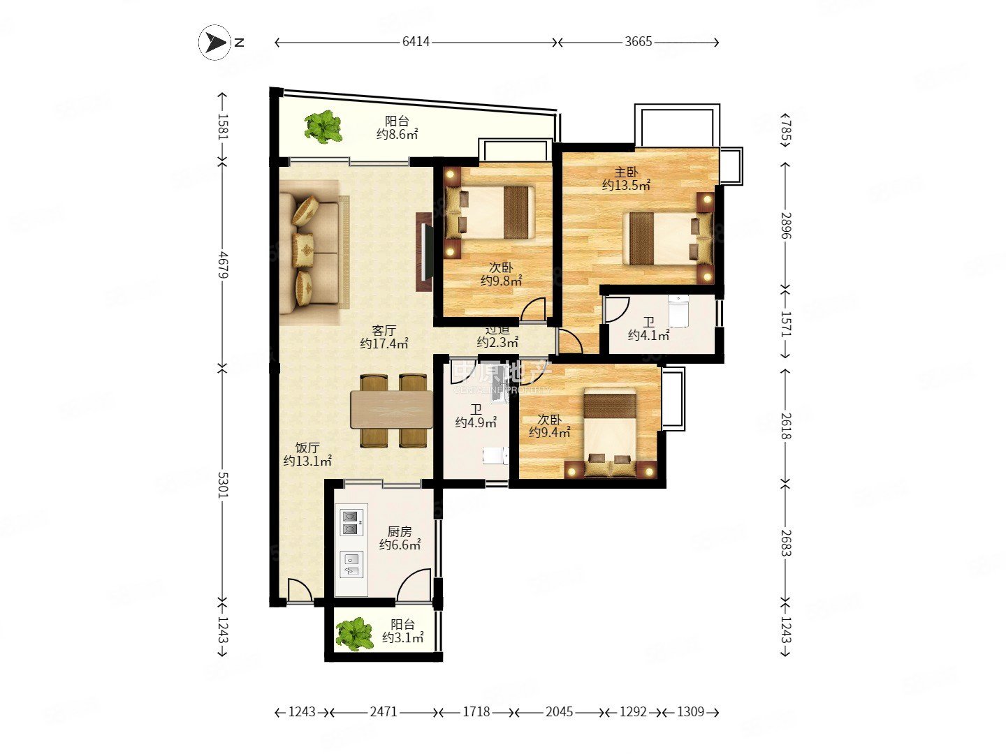 富力现代广场电梯高层大面积三房两厅