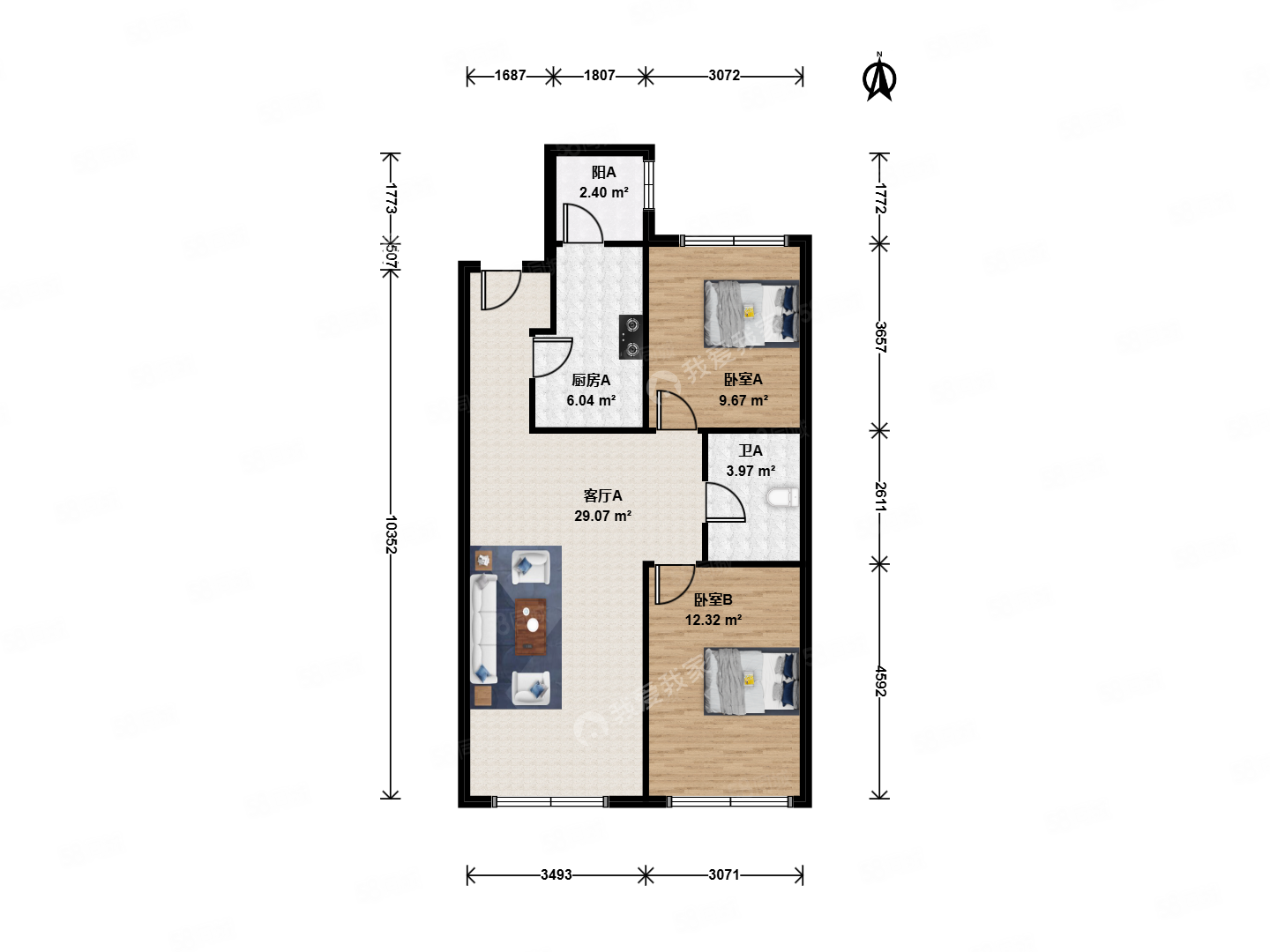 融澤嘉園東2號(hào)院2室1廳1衛(wèi)92.87㎡南北499萬