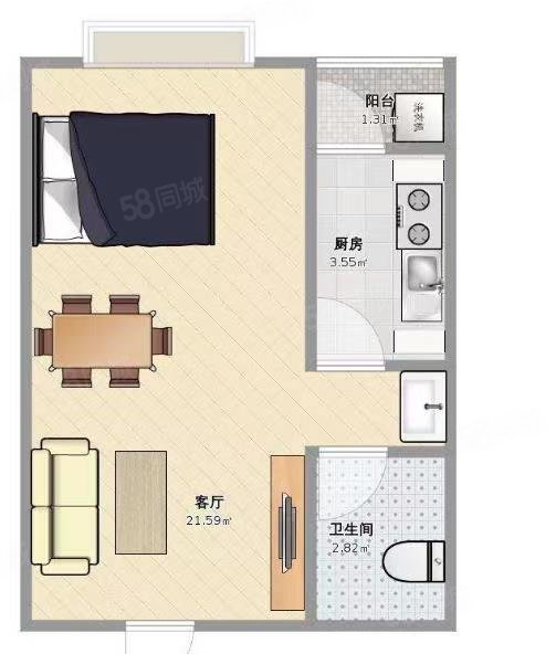峰尚国际公寓1室1厅1卫47.81㎡南23.8万