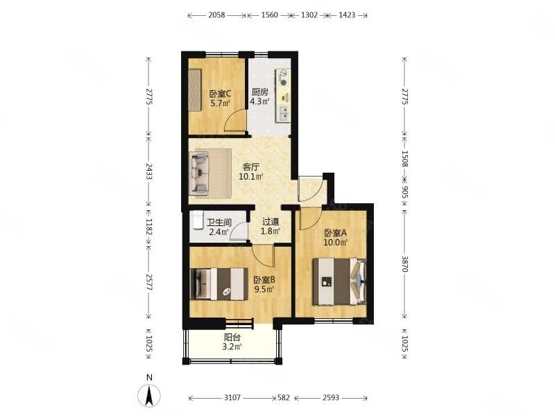 老山西里3室1厅1卫62.34㎡南北315万