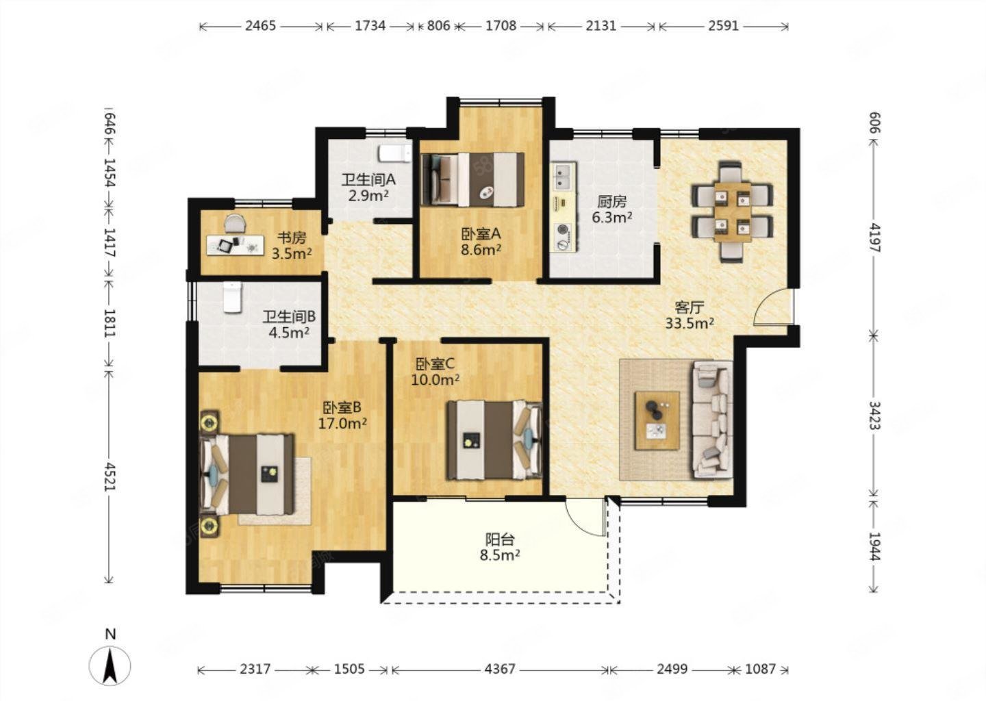 海赋尚城二期4室2厅2卫122.27㎡南北390万