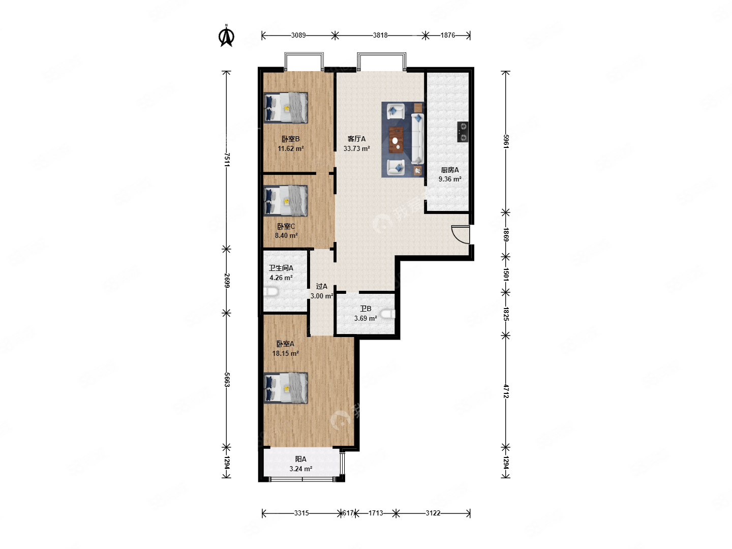 強(qiáng)佑清河新城(西區(qū))3室1廳2衛(wèi)123.17㎡南北1056萬(wàn)