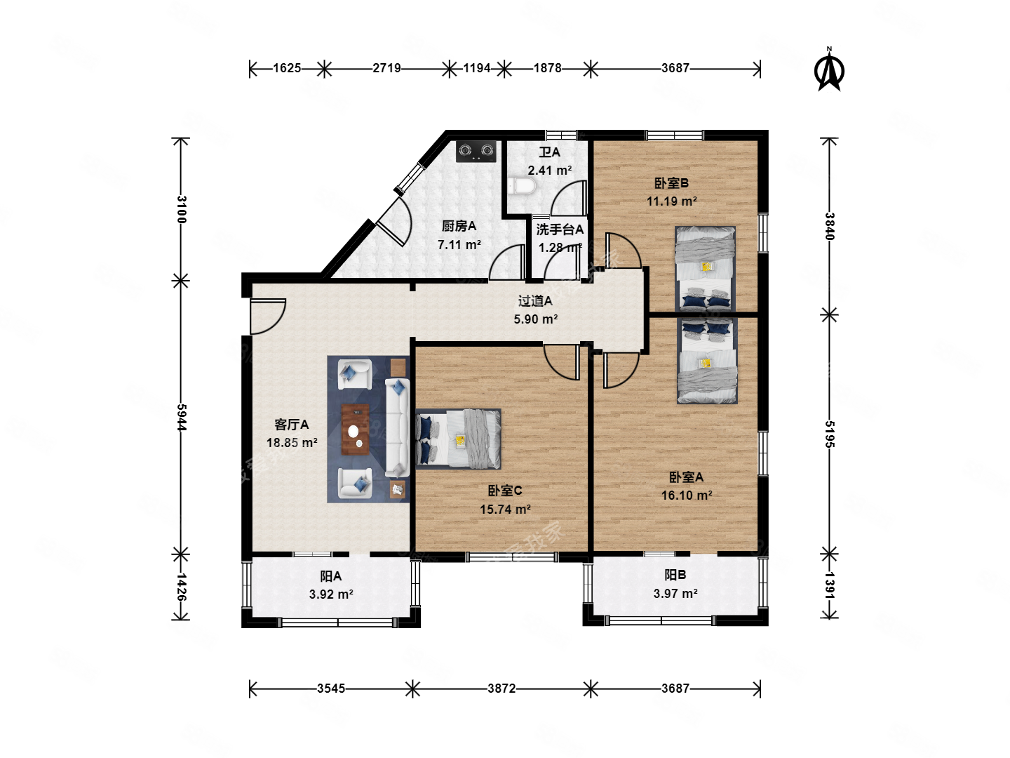 中紡里3室1廳1衛(wèi)116.69㎡南北840萬