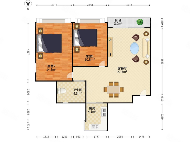 佳兆业香瑞园(南区)2室2厅1卫87.28㎡南北660万