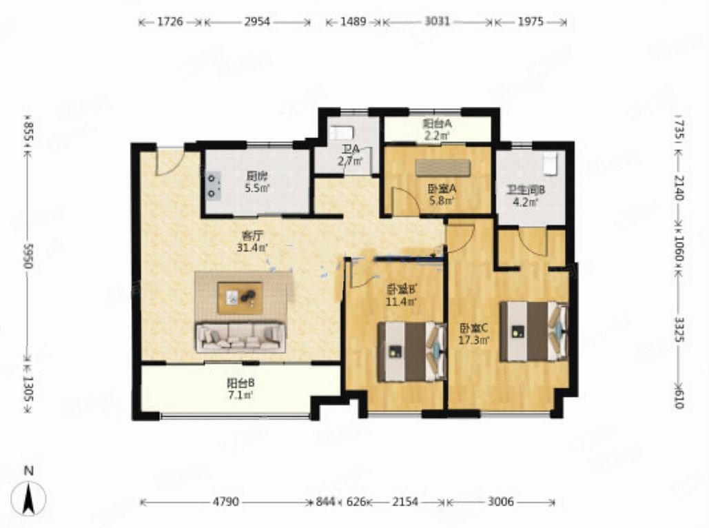 董悦佳园3室2厅2卫125㎡南北109万