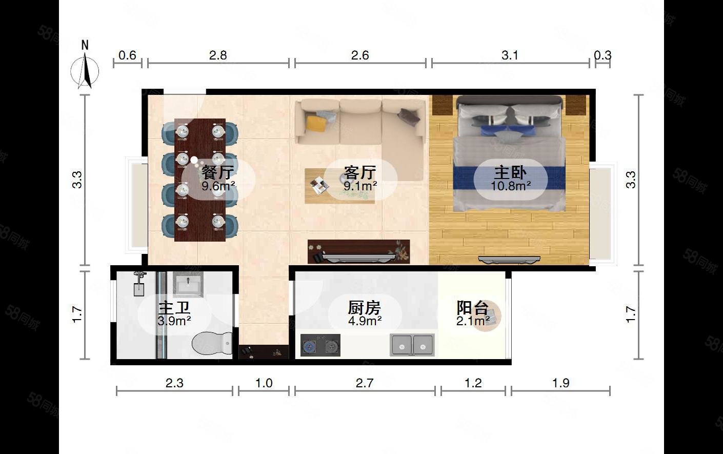 央央春天1室1厅1卫62.74㎡南北115万