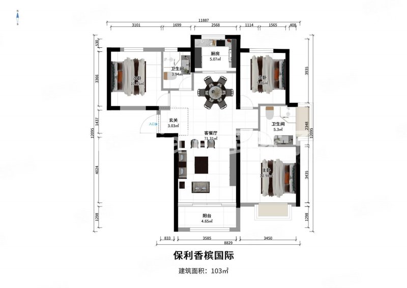 保利香槟国际3室2厅2卫101.91㎡西南258万