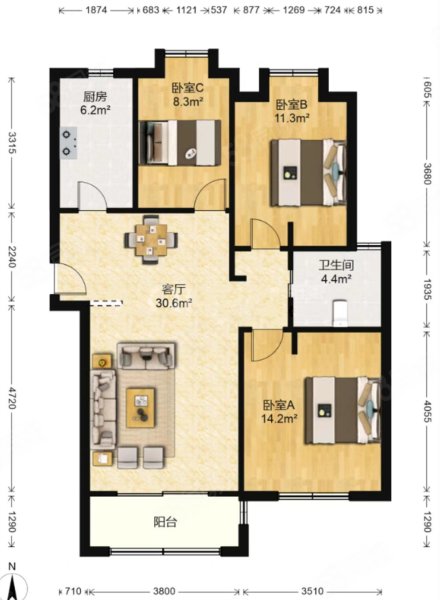远洋悦庭3室2厅1卫109.37㎡南660万