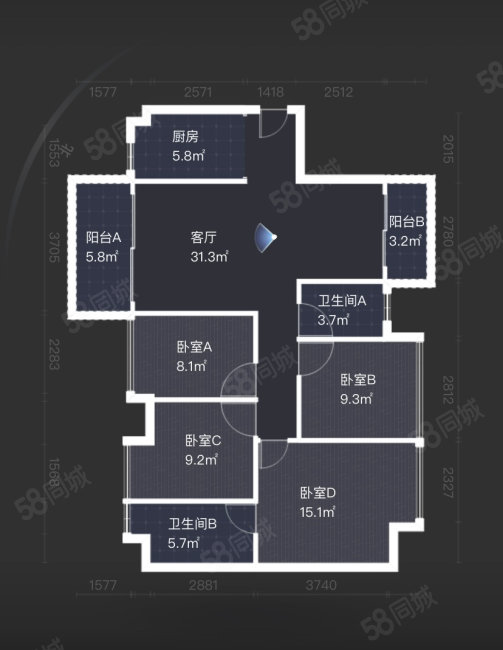 凤城明珠4室2厅2卫117.82㎡南北65.8万