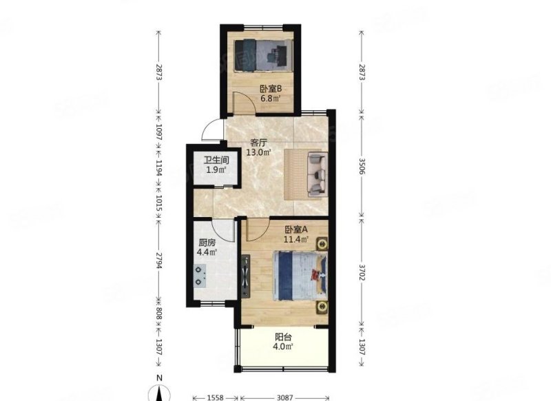 龙福花园2室1厅1卫53.61㎡南170万