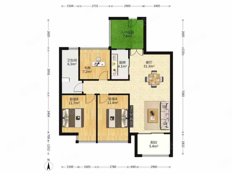 天玥中心3室2厅1卫92.72㎡南北213万