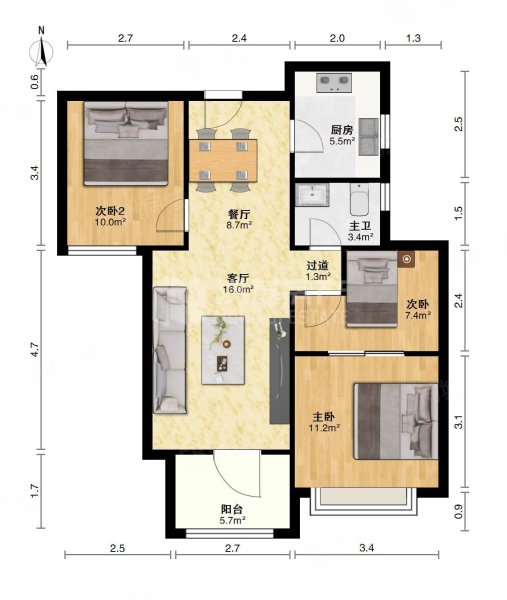 绿地玫瑰城3室2厅1卫91㎡南北135万