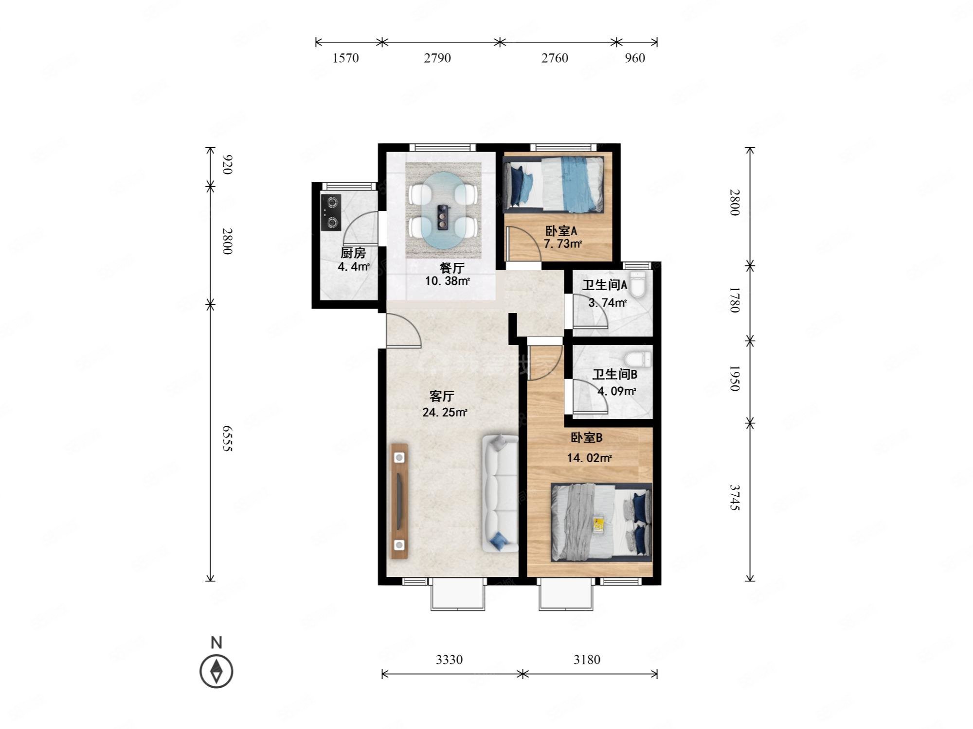 融尚未來(南區(qū))2室2廳2衛(wèi)100.13㎡南北520萬