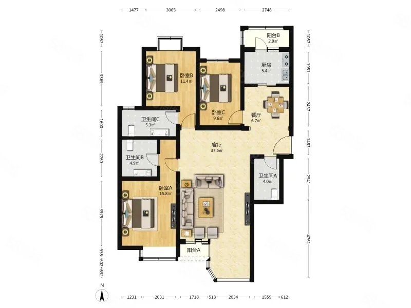 合生世界花園3室2廳3衛(wèi)155.14㎡南北370萬(wàn)