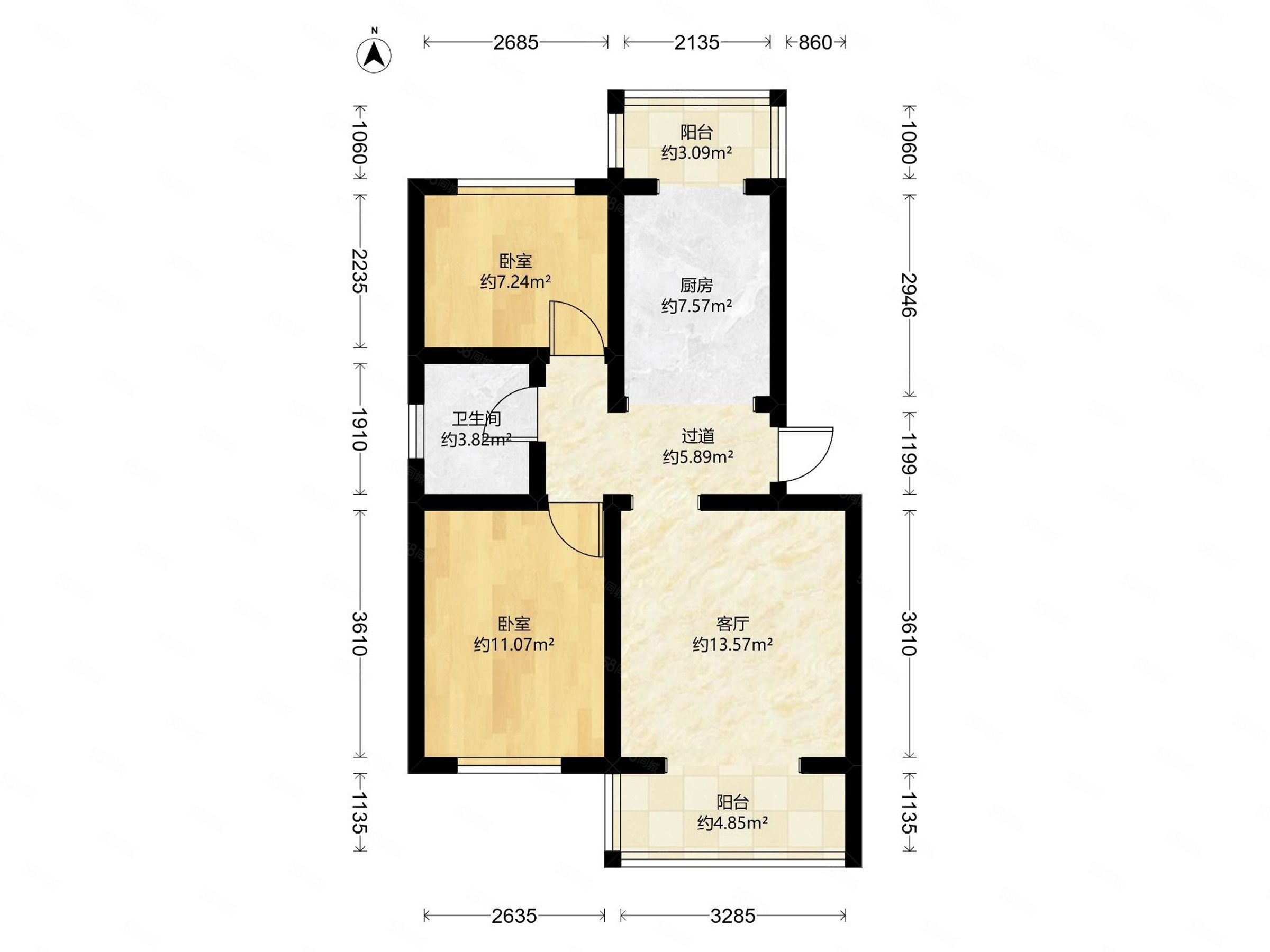 葡東小區(qū)2室1廳1衛(wèi)64.69㎡南北126萬