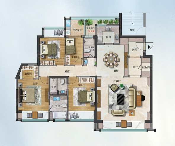 一线全海景东海岸高档小区海璟天翡高层4房格局南北通透