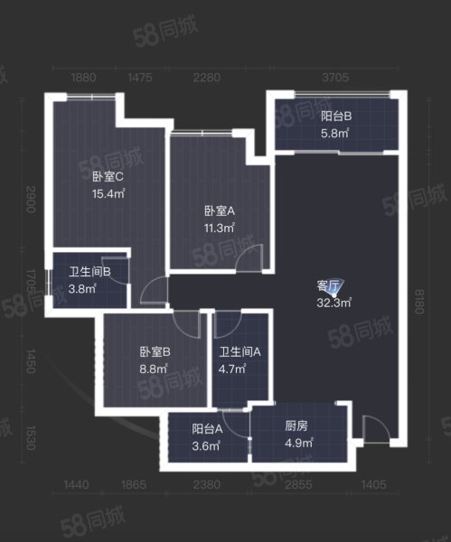 四川绵阳经开区南湖汽车站神州南都东南方向3室2厅2卫106㎡总价119万